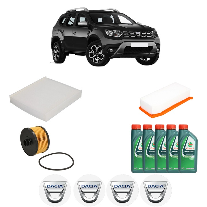 Pachet filtre revizie Bosch, 5 litrii ulei Castrol 10W40 DACIA DUSTER (HM_) 1.2 TCe 125 (HMMA) din 2017, 4x Stickere auto cu DACIA