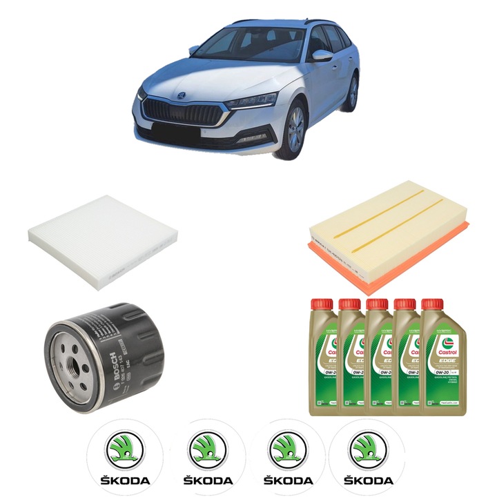Pachet filtre revizie Bosch, 5 litri ulei Castrol 0W20 SKODA OCTAVIA IV Combi (NX5, PV5) 1.5 TSI din 2024, 4x Stickere auto cu SKODA