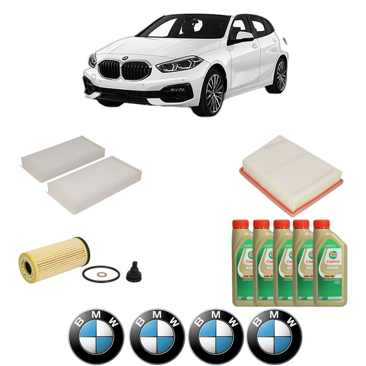 Pachet filtre revizie Bosch, 5 litrii ulei Castrol 0W30 BMW Seria 1 (F40) 118 i din 2019, 4x Stickere auto cu BMW