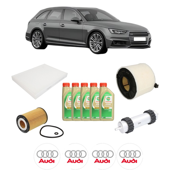 Pachet filtre revizie Bosch, 5 litrii ulei Castrol 5W30 AUDI A4 B9 Avant (8W5, 8WD) 40 TDI din 2018-2020, 4x Stickere auto cu AUDI