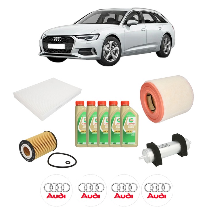 Pachet filtre revizie Bosch, 5 litrii ulei Castrol 5W30 AUDI A6 C8 (4A2) 40 TDI din 2019, 4x Stickere auto cu AUDI