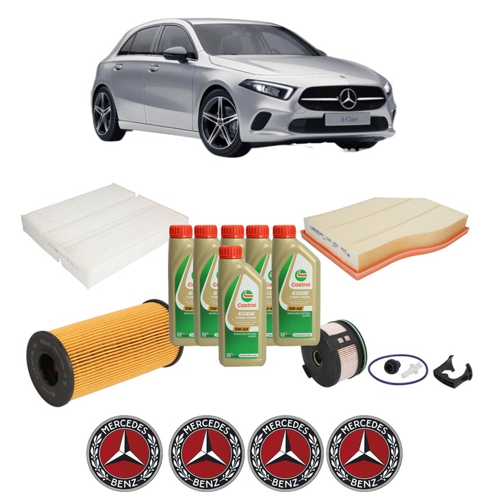Pachet filtre revizie Bosch, 6 litrii ulei Castrol 5W40 MERCEDES-BENZ A-CLASS (W177) A 160 d (177.002) din 2019, 4x Stickere auto cu MERCEDES-BENZ