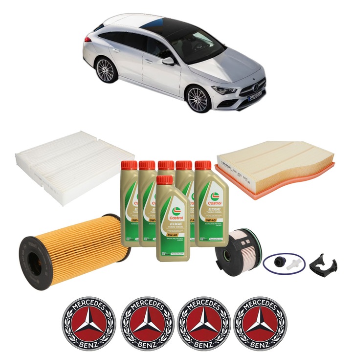 Pachet filtre revizie Bosch, 6 litrii ulei Castrol 5W40 MERCEDES-BENZ CLA Shooting Brake (X118) CLA 180 d (118.603) din 2019, 4x Stickere auto cu MERCEDES-BENZ