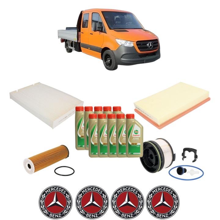 Pachet filtre revizie Bosch, 10 litrii ulei Castrol 5W40 MERCEDES-BENZ SPRINTER 3, 5-t Platform/Chassis (B907, B910) 311 CDI RWD (907.131, 907.133, 907.135, 907.231, 907.233... din 2020, 4x Stickere auto cu MERCEDES-BENZ