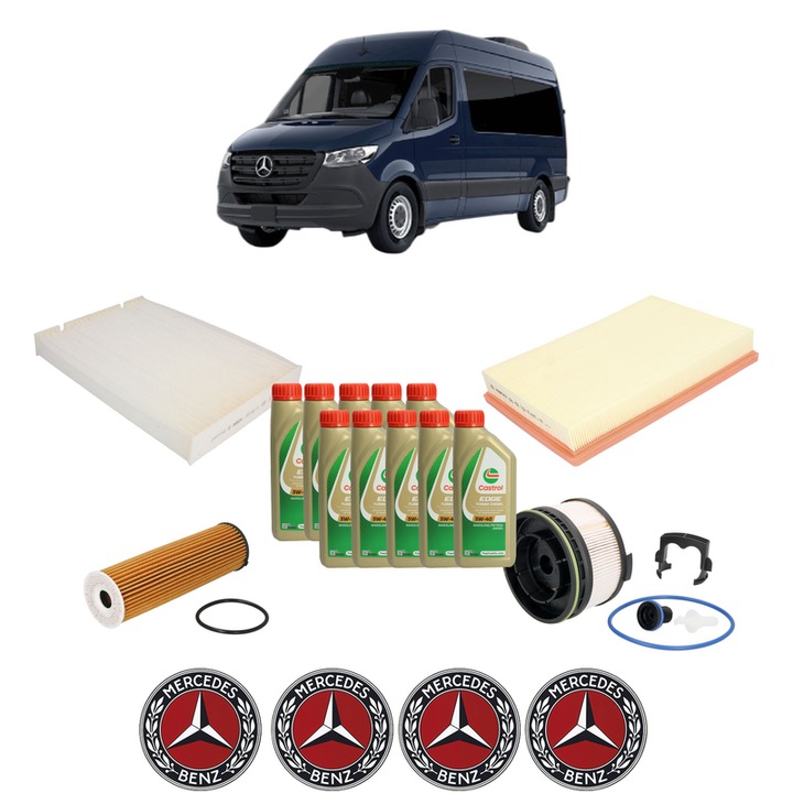 Pachet filtre revizie Bosch, 10 litrii ulei Castrol 5W40 MERCEDES-BENZ SPRINTER 3, 5-t Van (B907, B910) 315 CDI RWD (907.631, 907.633, 907.635, 907.637) din 2020, 4x Stickere auto cu MERCEDES-BENZ