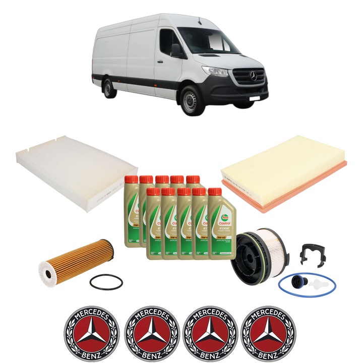 Pachet filtre revizie Bosch, 10 litrii ulei Castrol 5W40 MERCEDES-BENZ SPRINTER 4-t Van (B907, B910) 417 CDI RWD (907.641, 907.643, 907.645, 907.647) din 2020, 4x Stickere auto cu MERCEDES-BENZ