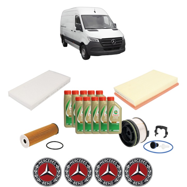 Pachet filtre revizie Bosch, 10 litrii ulei Castrol 5W40 MERCEDES-BENZ SPRINTER 5-t Van (B907) 519 CDI (907.653, 907.655, 907.657) din 2021, 4x Stickere auto cu MERCEDES-BENZ