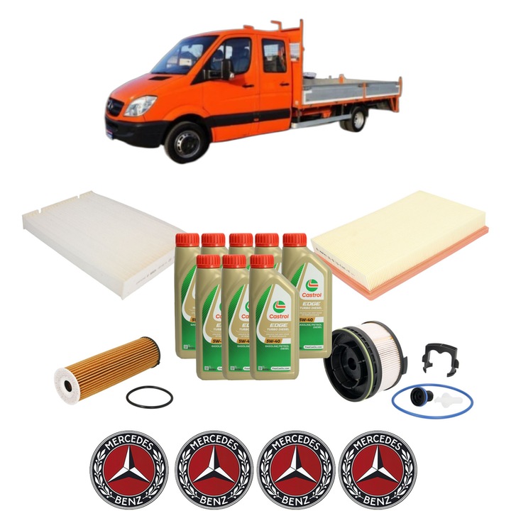 Pachet filtre revizie Bosch, 8 litrii ulei Castrol 5W40 MERCEDES-BENZ SPRINTER 3-t Platform/Chassis (B910, B907) 211 CDI (910.121, 910.123) din 2021, 4x Stickere auto cu MERCEDES-BENZ