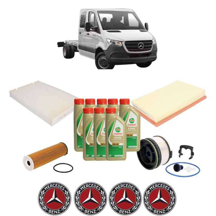Pachet filtre revizie Bosch, 8 litrii ulei Castrol 5W40 MERCEDES-BENZ SPRINTER 4-t Platform/Chassis (B907, B910) 415 CDI (910.141, 910.143) din 2021, 4x Stickere auto cu MERCEDES-BENZ