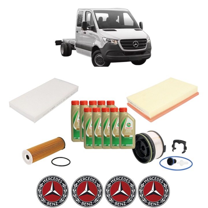 Pachet filtre revizie Bosch, 10 litrii ulei Castrol 5W40 MERCEDES-BENZ SPRINTER 4-t Platform/Chassis (B907, B910) 419 CDI All-wheel Drive (907.143, 907.145, 907.243,... din 2021, 4x Stickere auto cu MERCEDES-BENZ