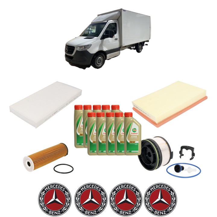 Pachet filtre revizie Bosch, 10 litrii ulei Castrol 5W40 MERCEDES-BENZ SPRINTER 5-t Platform/Chassis (B907) 519 CDI RWD (907.153, 907.155, 907.253, 907.255) din 2021, 4x Stickere auto cu MERCEDES-BENZ