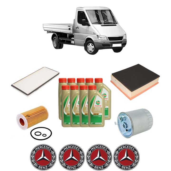 Pachet filtre revizie Bosch, 9 litrii ulei Castrol 5W40 MERCEDES-BENZ SPRINTER 3-t Platform/Chassis (B903) 311 CDI 4x4 (903.612, 903.613, 903.622, 903.623) din 2000-2006, 4x Stickere auto cu MERCEDES-BENZ