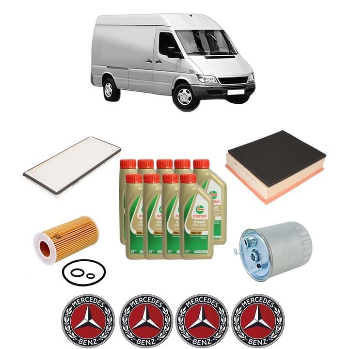 Pachet filtre revizie Bosch, 9 litrii ulei Castrol 5W40 MERCEDES-BENZ SPRINTER 3-t Van (B903) 308 CDI (903.661, 903.662, 903.663) din 2000-2006, 4x Stickere auto cu MERCEDES-BENZ