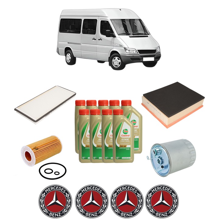 Pachet filtre revizie Bosch, 9 litrii ulei Castrol 5W40 MERCEDES-BENZ SPRINTER 3-t Bus (B903) 313 CDI (903.671, 903.672, 903.673) din 2000-2006, 4x Stickere auto cu MERCEDES-BENZ