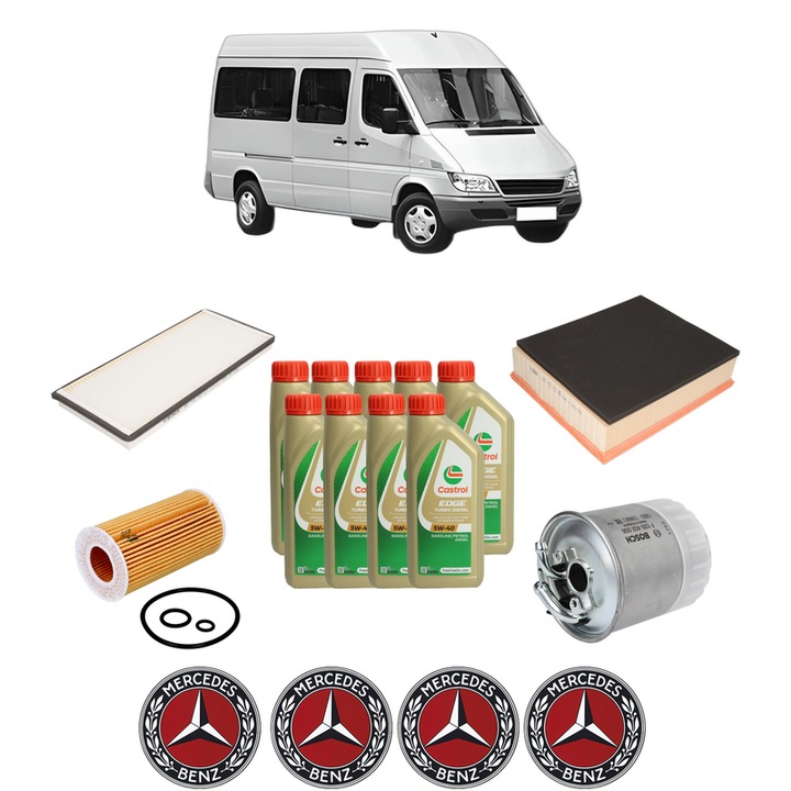 Pachet filtre revizie Bosch, 9 litrii ulei Castrol 5W40 MERCEDES-BENZ SPRINTER 3-t Bus (B903) 316 CDI 4x4 (903.672, 903.673) din 2002-2006, 4x Stickere auto cu MERCEDES-BENZ