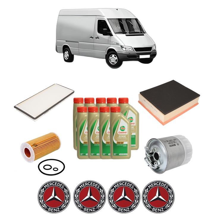 Pachet filtre revizie Bosch, 9 litrii ulei Castrol 5W40 MERCEDES-BENZ SPRINTER 3-t Van (B903) 316 CDI (903.661, 903.662, 903.663) din 2000-2006, 4x Stickere auto cu MERCEDES-BENZ