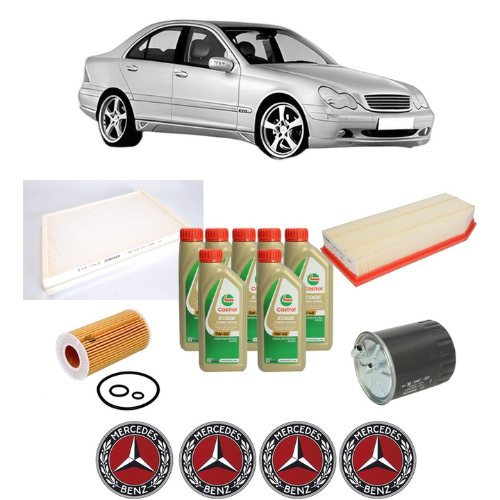 Pachet filtre revizie Bosch, 7 litrii ulei Castrol 5W40 MERCEDES-BENZ C-CLASS (W203) C 220 CDI (203.006, 203.008) din 2000-2007, 4x Stickere auto cu MERCEDES-BENZ