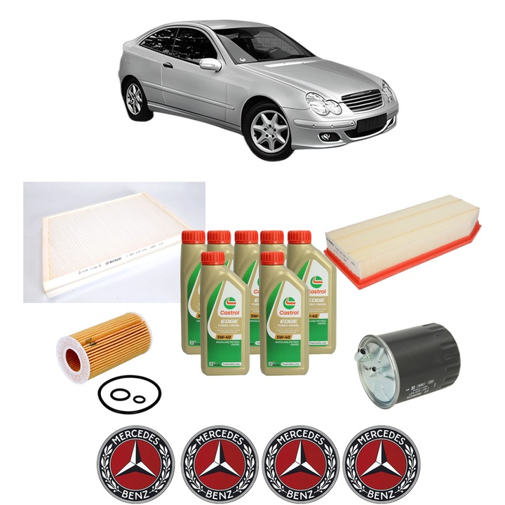 Pachet filtre revizie Bosch, 7 litrii ulei Castrol 5W40 MERCEDES-BENZ C-CLASS Coupe (CL203) C 220 CDI (203.706) din 2001-2004, 4x Stickere auto cu MERCEDES-BENZ