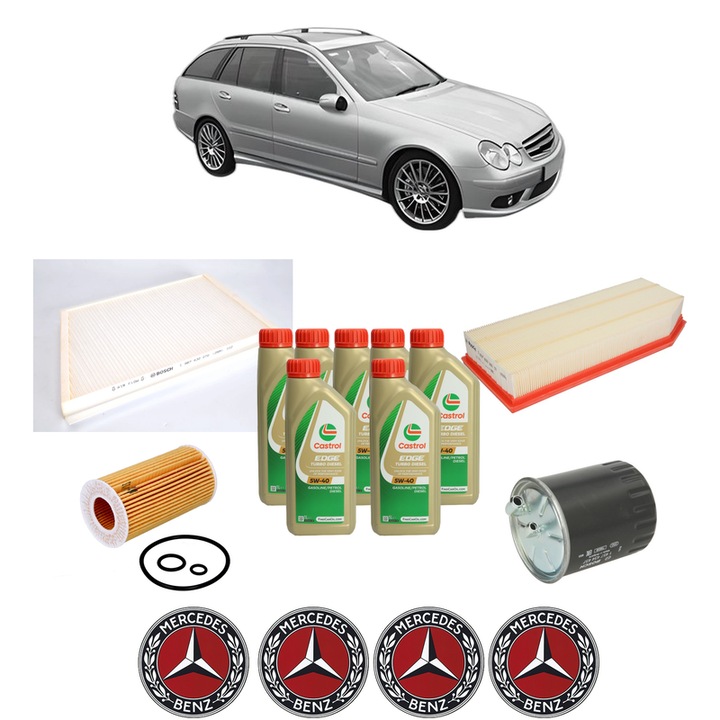 Pachet filtre revizie Bosch, 7 litrii ulei Castrol 5W40 MERCEDES-BENZ C-CLASS T-Model (S203) C 220 CDI (203.206, 203.208) din 2001-2007, 4x Stickere auto cu MERCEDES-BENZ