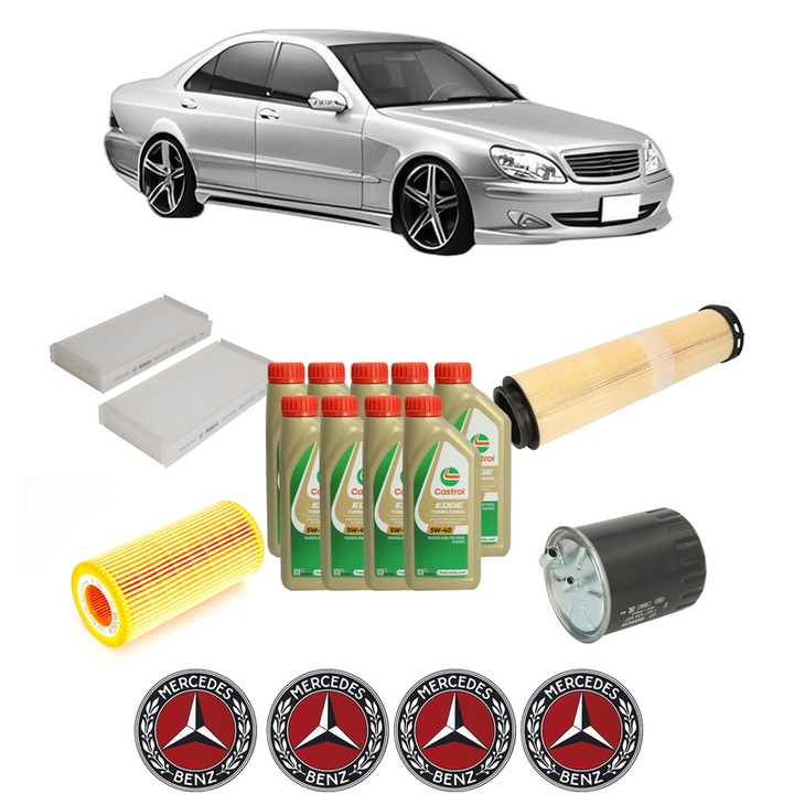 Pachet filtre revizie Bosch, 9 litrii ulei Castrol 5W40 MERCEDES-BENZ S-CLASS (W220, V220) S 320 CDI (220.025, 220.125) din 2002-2005, 4x Stickere auto cu MERCEDES-BENZ