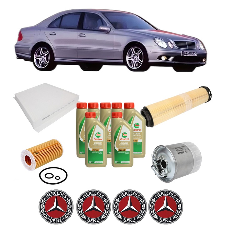 Pachet filtre revizie Bosch, 7 litrii ulei Castrol 5W40 MERCEDES-BENZ E-CLASS (W211) E 220 CDI (211.006) din 2002-2008, 4x Stickere auto cu MERCEDES-BENZ
