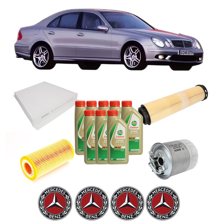 Pachet filtre revizie Bosch, 8 litrii ulei Castrol 5W40 MERCEDES-BENZ E-CLASS (W211) E 320 CDI (211.026) din 2002-2008, 4x Stickere auto cu MERCEDES-BENZ