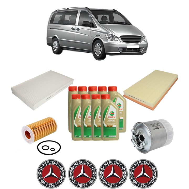 Pachet filtre revizie Bosch, 9 litrii ulei Castrol 5W40 MERCEDES-BENZ VITO Bus (W639) 111 CDI (639.701, 639.703, 639.705) din 2003, 4x Stickere auto cu MERCEDES-BENZ