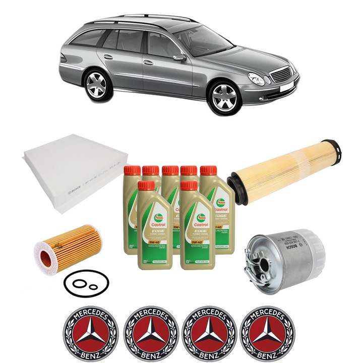 Pachet filtre revizie Bosch, 7 litrii ulei Castrol 5W40 MERCEDES-BENZ E-CLASS T-Model (S211) E 220 CDI (211.206) din 2003-2009, 4x Stickere auto cu MERCEDES-BENZ