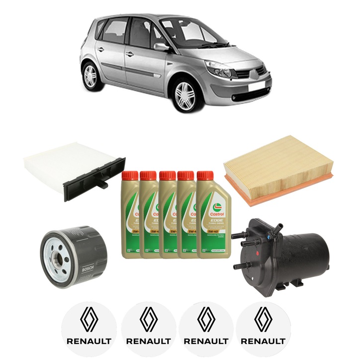 Pachet filtre revizie Bosch, 5 litrii ulei Castrol 5W40 RENAULT SCENIC II (JM0/1_) 1.5 dCi (JM16) din 2007-2008, 4x Stickere auto cu RENAULT