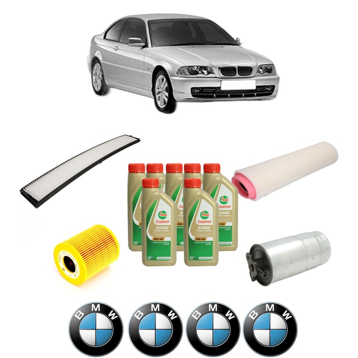 Pachet filtre revizie Bosch, 7 litrii ulei Castrol 5W40 BMW Seria 3 (E46) 330 xd din 2000-2003, 4x Stickere auto cu BMW