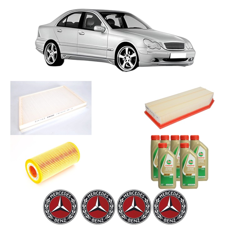 Pachet filtre revizie Bosch, 7 litrii ulei Castrol 5W40 MERCEDES-BENZ C-CLASS (W203) C 30 CDI AMG (203.018) din 2003-2007, 4x Stickere auto cu MERCEDES-BENZ