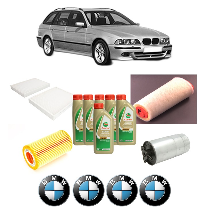 Pachet filtre revizie Bosch, 6 litrii ulei Castrol 5W40 BMW Seria 5 Touring (E39) 520 d din 2000-2003, 4x Stickere auto cu BMW