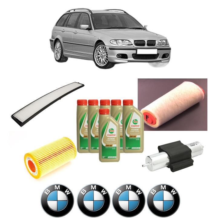 Pachet filtre revizie Bosch, 6 litrii ulei Castrol 5W40 BMW Seria 3 Touring (E46) 318 d din 2003-2005, 4x Stickere auto cu BMW