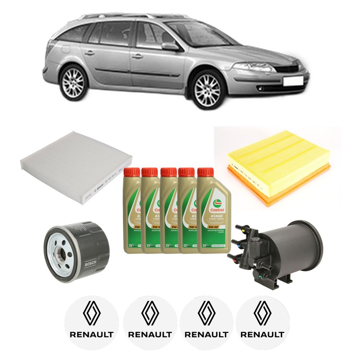 Pachet filtre revizie Bosch, 5 litrii ulei Castrol 5W40 RENAULT LAGUNA II Grandtour (KG0/1_) 1.9 dCi din 2001-2007, 4x Stickere auto cu RENAULT
