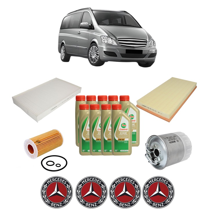 Pachet filtre revizie Bosch, 9 litrii ulei Castrol 5W40 MERCEDES-BENZ VIANO (W639) CDI 2.2 (639.711, 639.713, 639.811, 639.813, 639.815) din 2003, 4x Stickere auto cu MERCEDES-BENZ