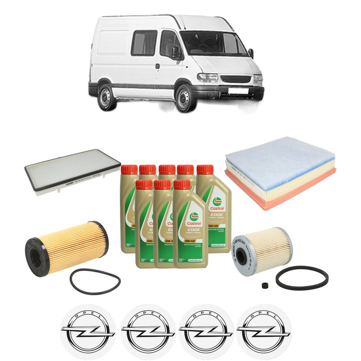 Pachet filtre revizie Bosch, 8 litrii ulei Castrol 5W40 OPEL MOVANO A Van (X70) 2.5 CDTI (FD) din 2003, 4x Stickere auto cu OPEL