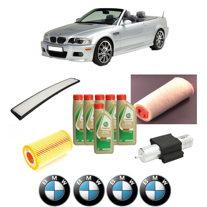 Pachet filtre revizie Bosch, 6 litrii ulei Castrol 5W40 BMW Seria 3 Compact (E46) 318 td din 2003-2005, 4x Stickere auto cu BMW