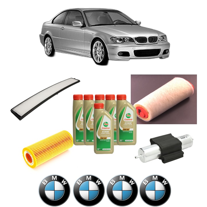 Pachet filtre revizie Bosch, 6 litrii ulei Castrol 5W40 BMW Seria 3 Coupe (E46) 320 Cd din 2003-2006, 4x Stickere auto cu BMW