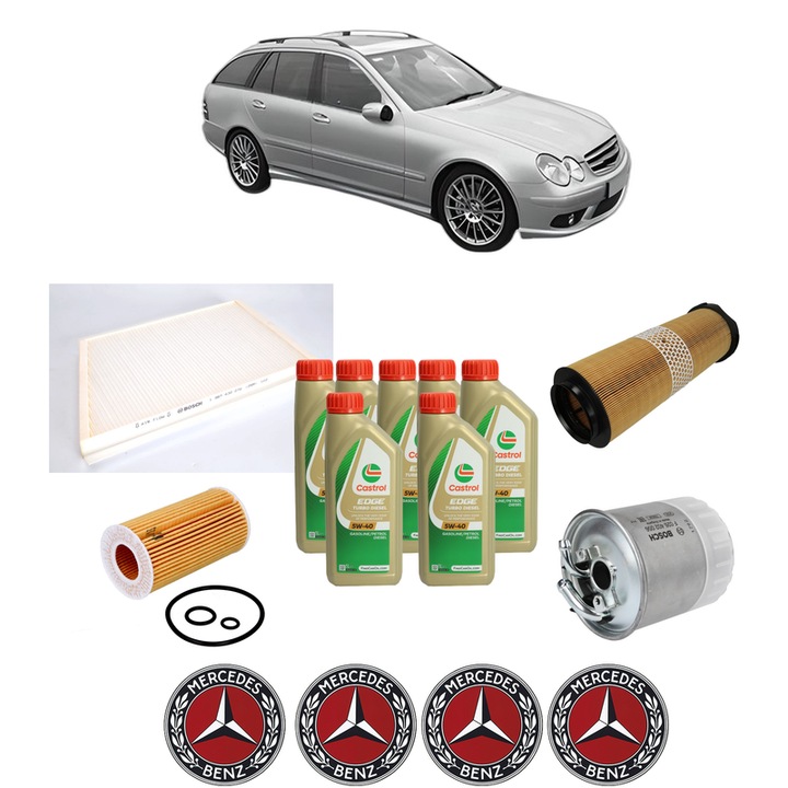 Pachet filtre revizie Bosch, 7 litrii ulei Castrol 5W40 MERCEDES-BENZ C-CLASS T-Model (S203) C 200 CDI (203.207) din 2003-2007, 4x Stickere auto cu MERCEDES-BENZ