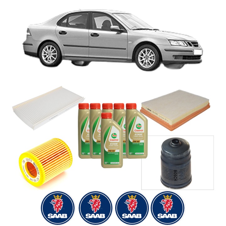 Pachet filtre revizie Bosch, 6 litrii ulei Castrol 5W40 SAAB 9-3 (YS3F, E79, D79, D75) 1.9 TiD din 2004-2015, 4x Stickere auto cu SAAB