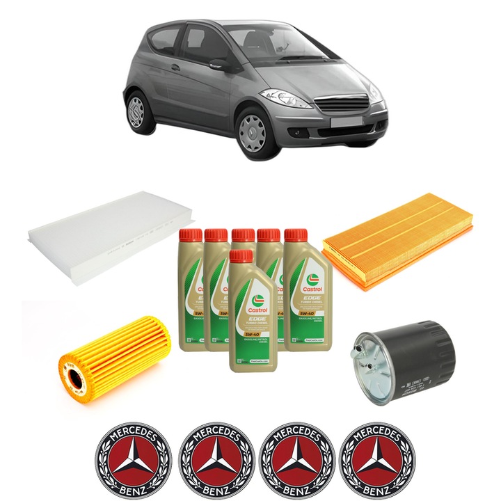 Pachet filtre revizie Bosch, 6 litrii ulei Castrol 5W40 MERCEDES-BENZ A-CLASS (W169) A 200 CDI (169.308, 169.008) din 2004-2012, 4x Stickere auto cu MERCEDES-BENZ
