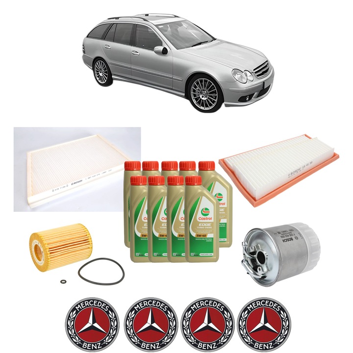 Pachet filtre revizie Bosch, 9 litrii ulei Castrol 5W40 MERCEDES-BENZ C-CLASS T-Model (S203) C 320 CDI (203.220) din 2005-2007, 4x Stickere auto cu MERCEDES-BENZ