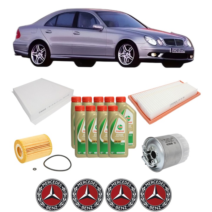 Pachet filtre revizie Bosch, 9 litrii ulei Castrol 5W40 MERCEDES-BENZ E-CLASS (W211) E 320 CDI 4-matic (211.089) din 2005-2008, 4x Stickere auto cu MERCEDES-BENZ