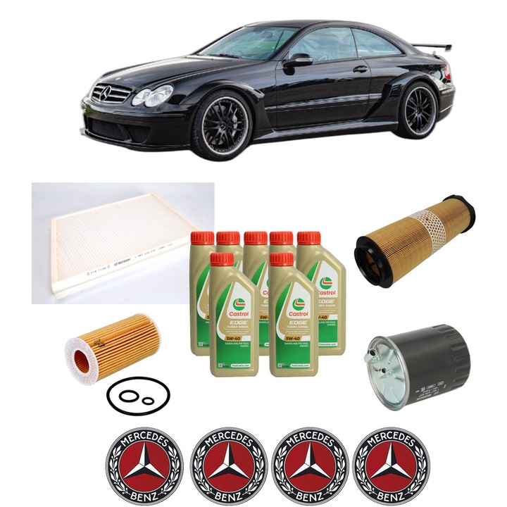 Pachet filtre revizie Bosch, 7 litrii ulei Castrol 5W40 MERCEDES-BENZ CLK (C209) CLK 220 CDI (209.308) din 2005-2009, 4x Stickere auto cu MERCEDES-BENZ