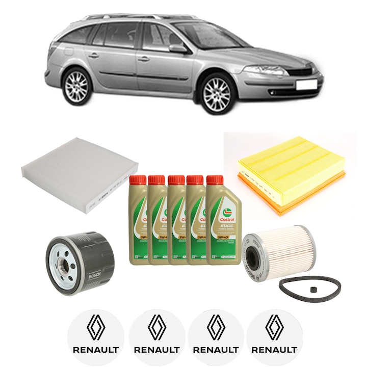Pachet filtre revizie Bosch, 5 litrii ulei Castrol 5W40 RENAULT LAGUNA II Grandtour (KG0/1_) 1.9 dCi din 2005-2007, 4x Stickere auto cu RENAULT