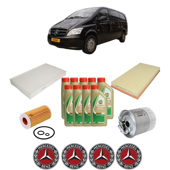 Pachet filtre revizie Bosch, 9 litrii ulei Castrol 5W40 MERCEDES-BENZ VITO / MIXTO Van (W639) 115 CDI 4x4 (639.601, 639.603, 639.605) din 2006, 4x Stickere auto cu MERCEDES-BENZ