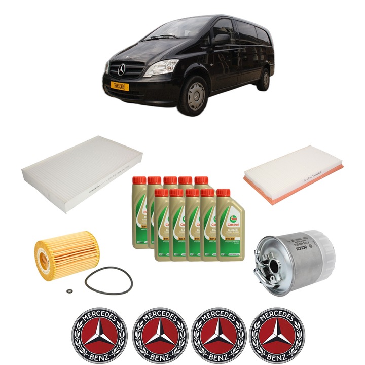 Pachet filtre revizie Bosch, 10 litrii ulei Castrol 5W40 MERCEDES-BENZ VITO / MIXTO Van (W639) 120 CDI (639.601, 639.603, 639.605) din 2006, 4x Stickere auto cu MERCEDES-BENZ