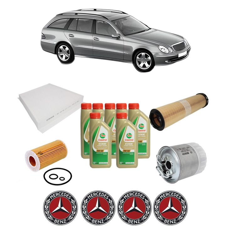 Pachet filtre revizie Bosch, 7 litrii ulei Castrol 5W40 MERCEDES-BENZ E-CLASS T-Model (S211) E 220 T CDI (211.208) din 2006-2009, 4x Stickere auto cu MERCEDES-BENZ