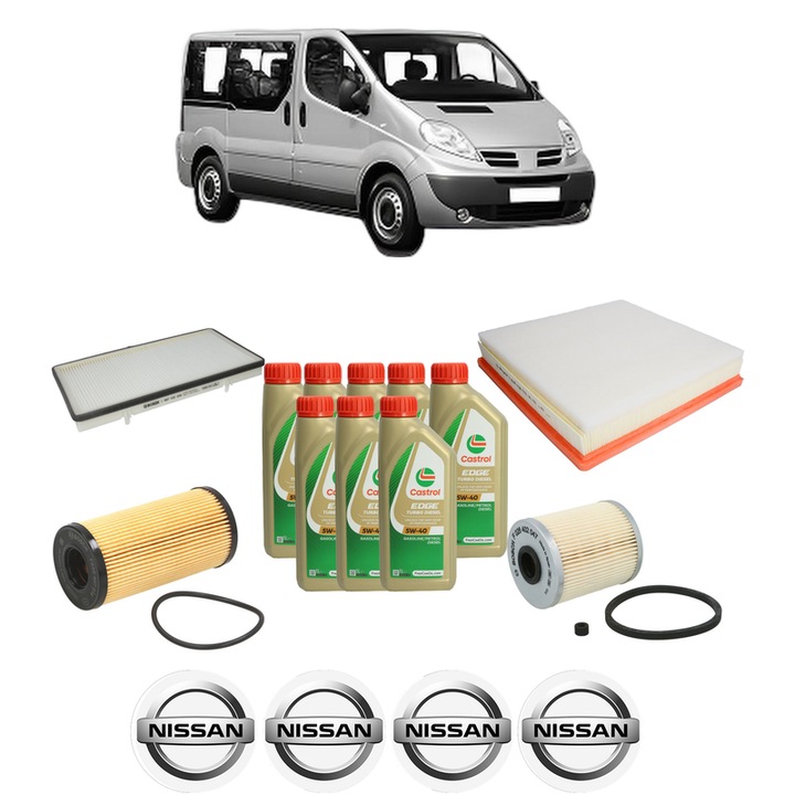 Pachet filtre revizie Bosch, 8 litrii ulei Castrol 5W40 NISSAN PRIMASTAR Bus (X83) dCi 115 din 2008, 4x Stickere auto cu NISSAN