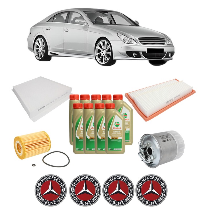 Pachet filtre revizie Bosch, 9 litri ulei Castrol 5W40 MERCEDES-BENZ CLS (C219) CLS 350 CDI (219.322) din 2009-2010, 4x Stickere auto cu MERCEDES-BENZ
